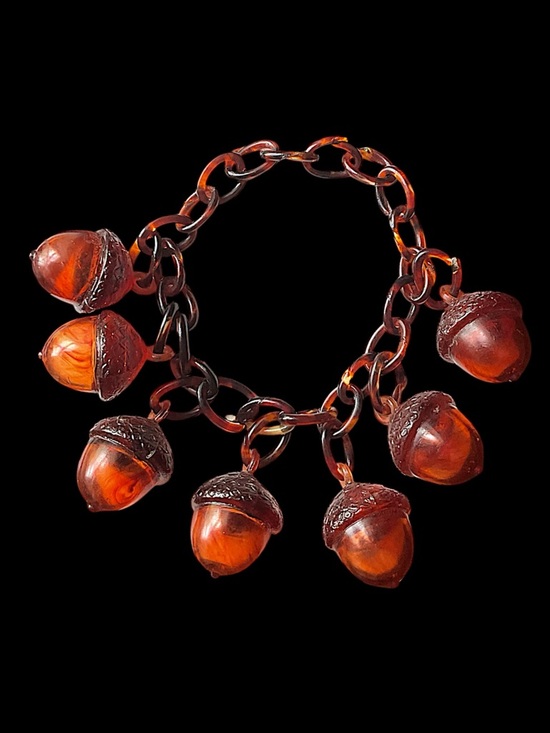 Antique Jewelry - Vintage Antique Celluloid Acorn Charms Link Faux Tortoise Shell Bracelet